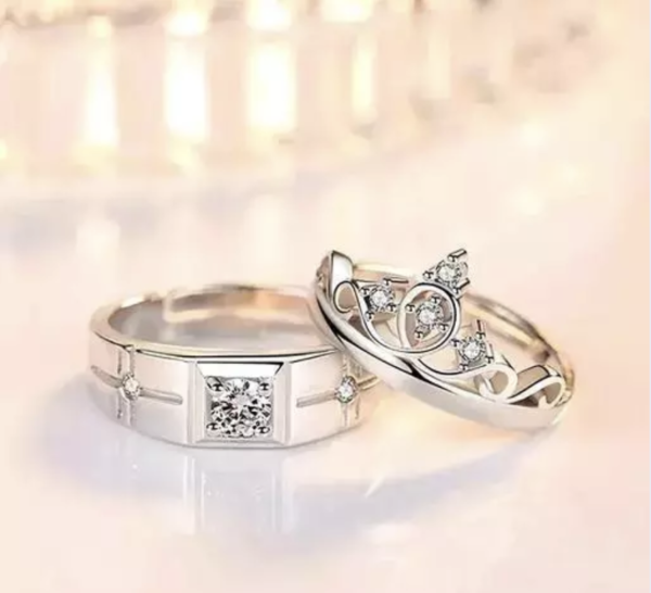 Miraclewood Valentine American diamond Adjustable Heart Love Ring Combo set Silver propose AD Couples 2 Finger Rings for girls women Couple girlfriend King Queen Gf BF lovers men boys - Image 2
